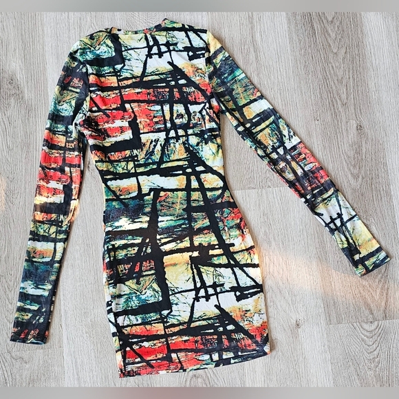 Small Blanc Abstract Print Long-Sleeve Bodycon Dress - Picture 4 of 5